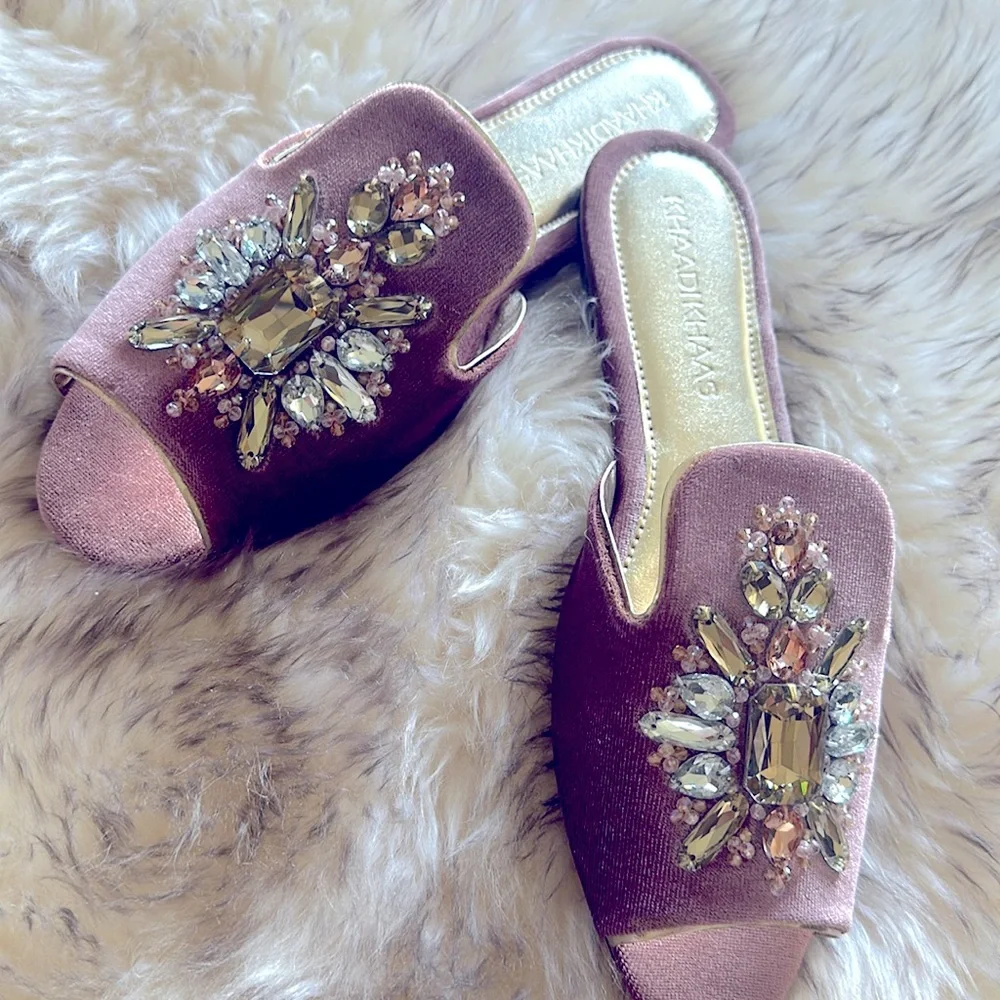 Pink velvet slides Rhinestones crystals New with dustbags & a box - Picture 1 of 10